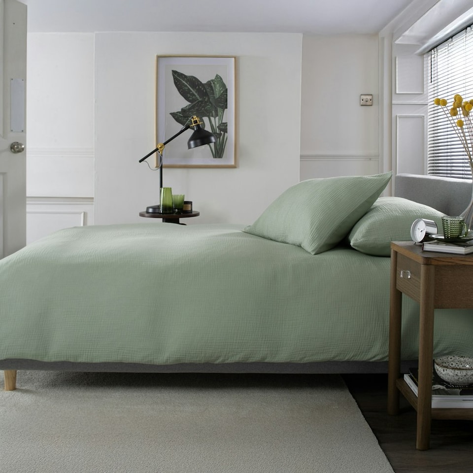 image 1 of St Quentin 100% Cotton Double Gauze Duvet Cover Set - Soft & Breathable Bedding - 180 Thread Count Green | Green | Single