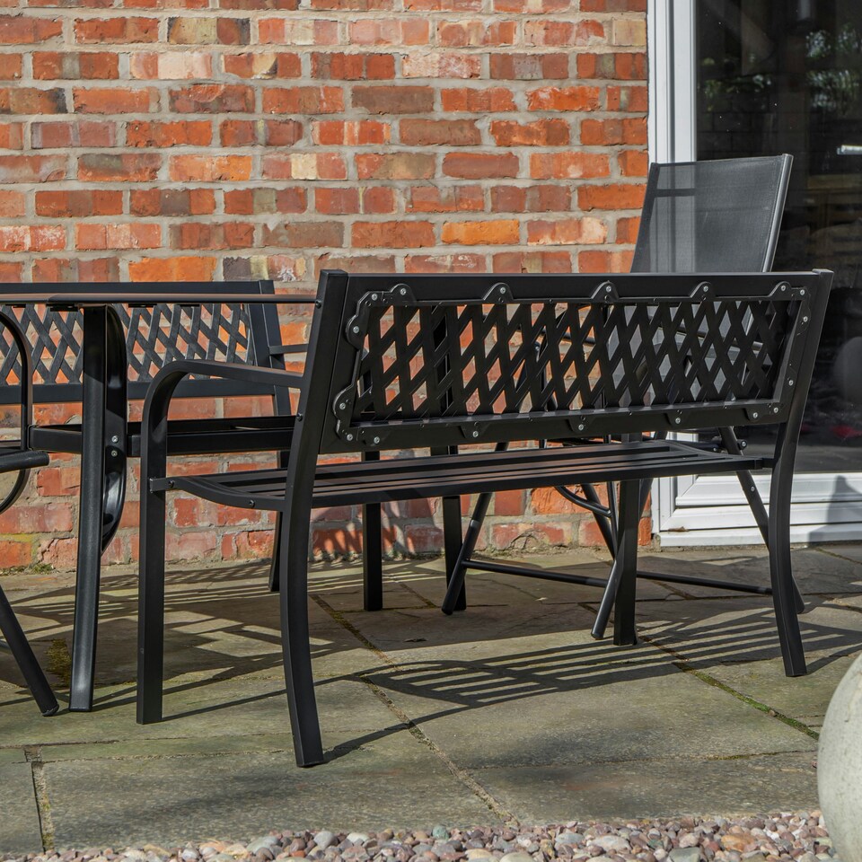 image 1 of Outdoor 6 Person Rectangular Glass Top Garden Dining Table Benches & Chairs Set