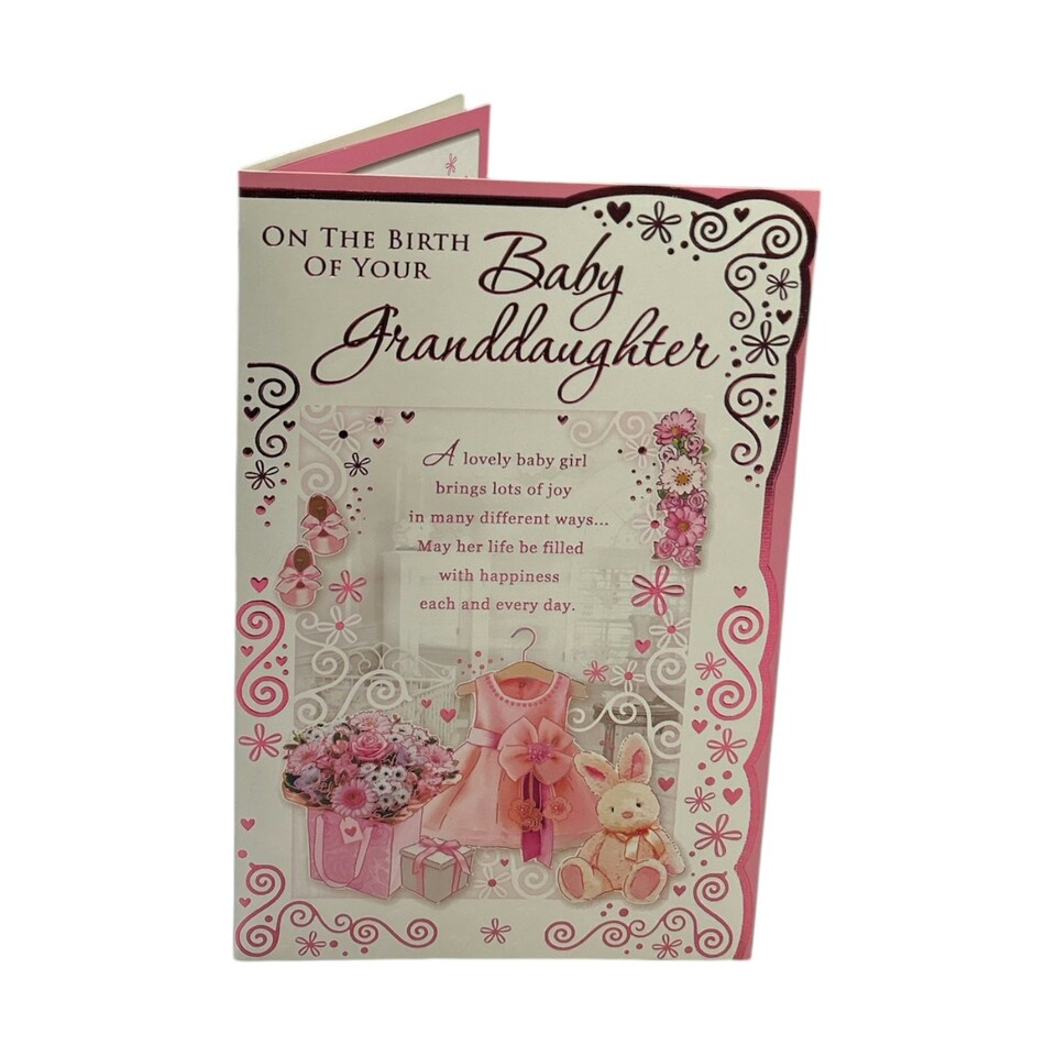 image 1 of On The Birth Of Granddaughter Pink Dress And Teddy Design Opacity Congratulations Card