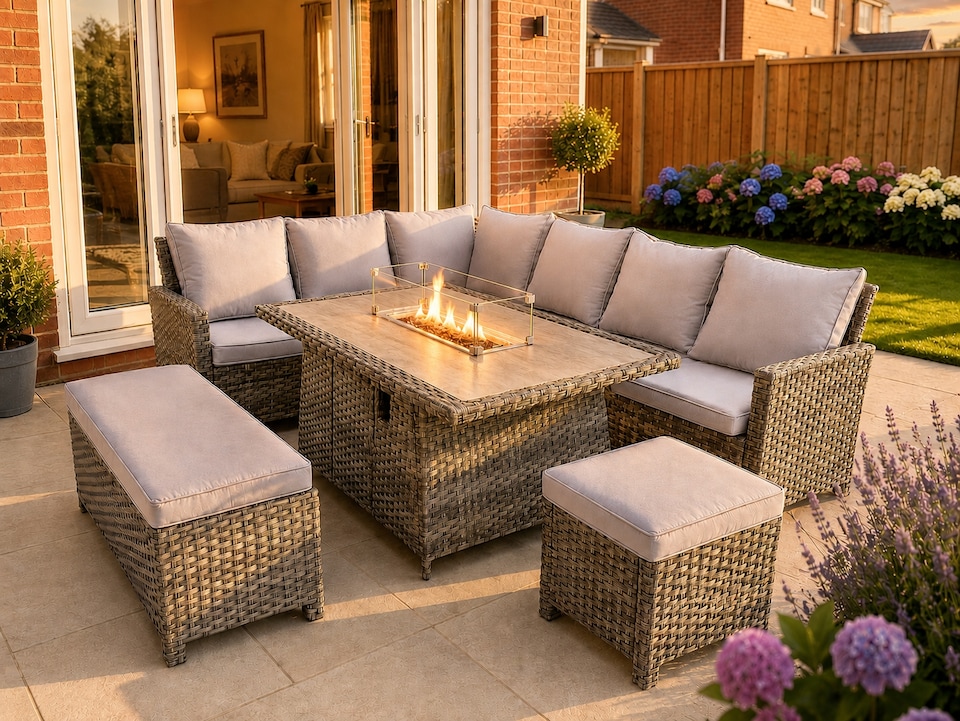 image 1 of The Maldives Grey Aluminium 9 Seat Corner Gas Firepit Rattan Dining Set