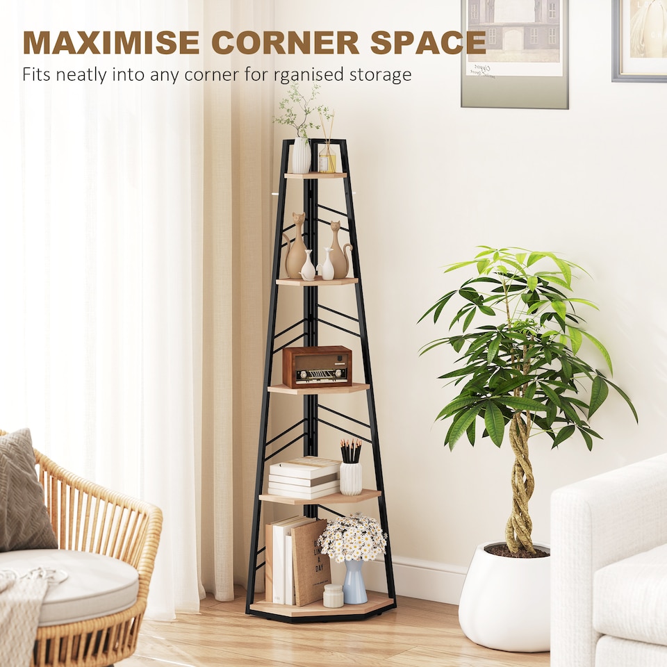image 1 of HOMCOM 5-Tier Corner Bookcase, Floor Standing Shelving Unit | Brown | Natural wood finish | 36.5 x 36.5 x 159.5 cm