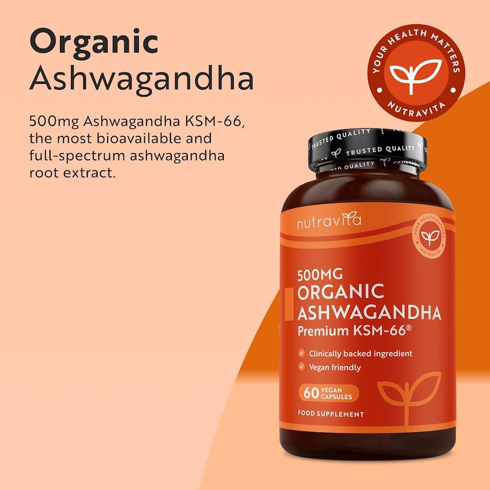image 1 of Nutravita Organic Ashwagandha KSM-66 with 5pct Withanolides - Highest Concentration Most Bioavailable Full-Spectrum Root Powder - 60 Vegan Capsules
