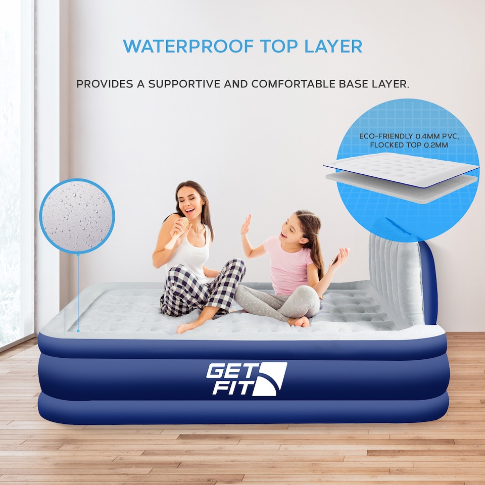 image 1 of Get Fit Air Bed With Built In Electric Pump - Premium Double Airbed - Quick Blow Up Bed With Headboard & Free Inflatable Pillow | Blue | Navy / White | 1