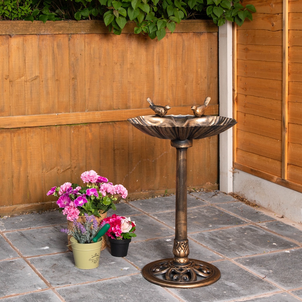 image 1 of 81cm Bronze Effect Garden Patio Bird Bath with Bird Sculptures | Bronze | Bronze