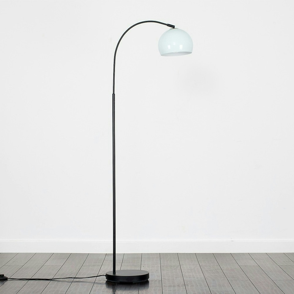 image 1 of ValueLights Designer Style Black Stem Floor Lamp With Pale Blue Arco Style Metal Dome Light Shade With LED GLS Bulb in Warm White