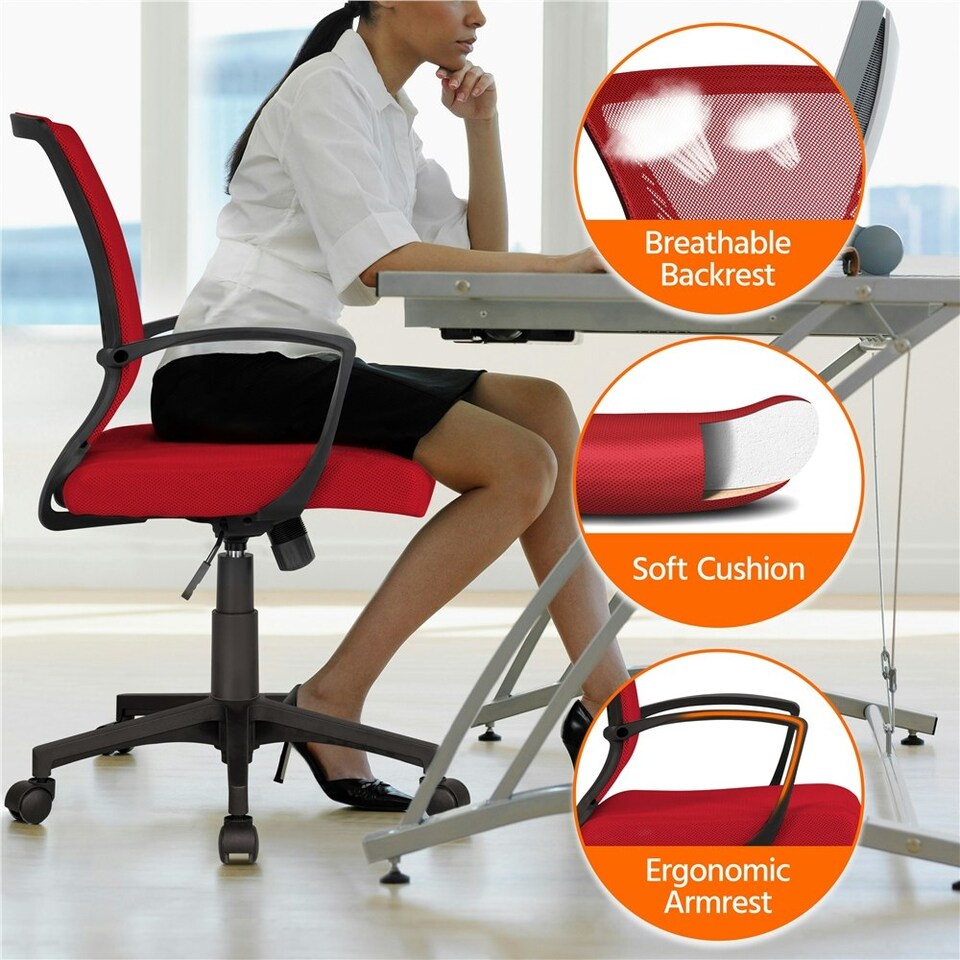 image 1 of Yaheetech Ergonomic Mesh Office Chair Mid-Back 360° Rolling Casters Red