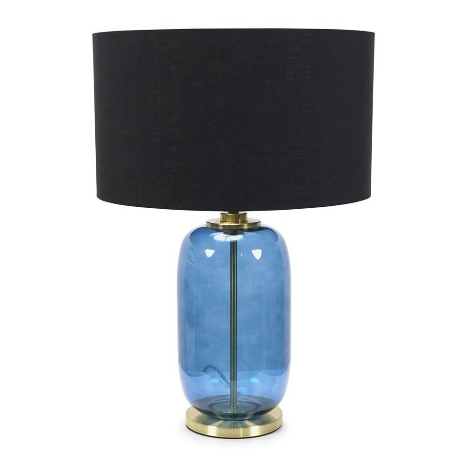 image 1 of ValueLights Leigh Black Fabric Drum Shade with Navy Blue Glass and Gold Trim Table Lamp with Bulb