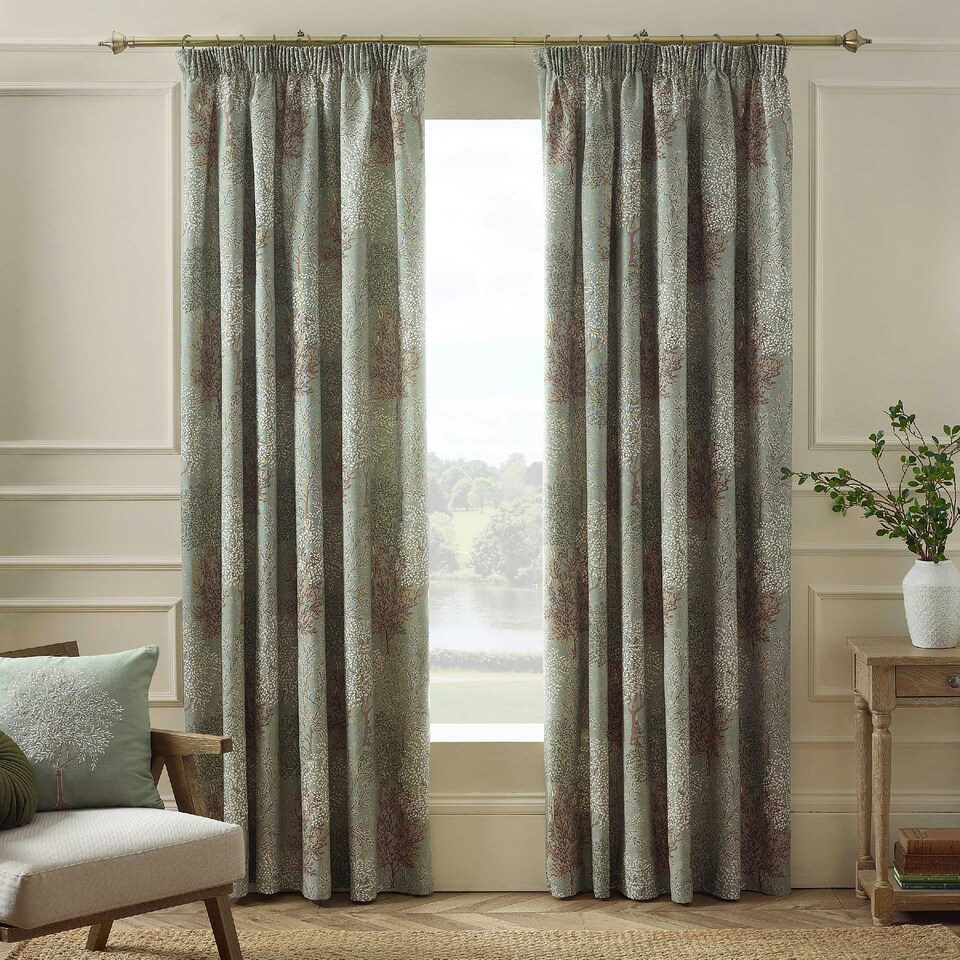 image 1 of Catherine Lansfield Woodland Trees 90x90 Inch Lined Pencil Pleat Curtains Green | Gold | Champagne Gold
