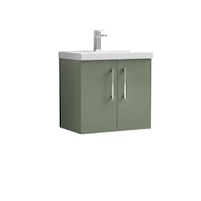 Bathroom 2-Door Wall-Hung Vanity Unit Basin, Satin Green, 600mm | Green | Satin Green | 589 x 610 x 395mm