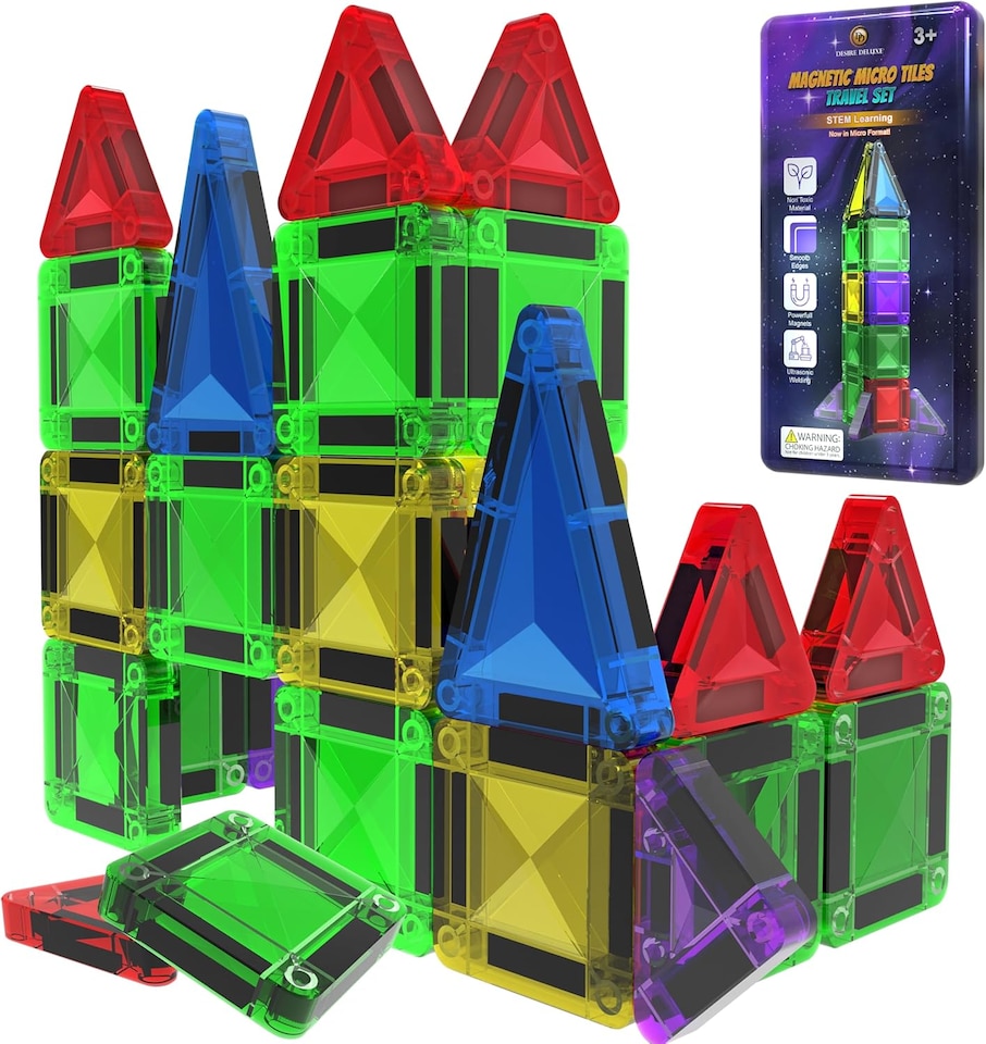 image 1 of Desire Deluxe Micro Magnetic Tiles Building Blocks Toy STEM Educational Travel Size Magnetics Blocks for Kids, Preschool Sensory Montessori Toddler Magnetic Toys for Boys & Girls 3 plus Years Old 28PCS Multicolour