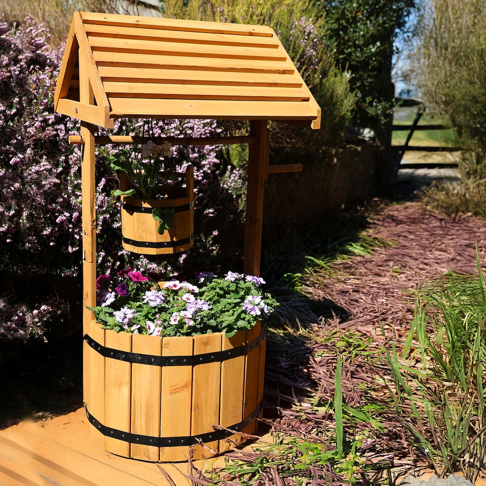 image 1 of Wooden Wishing Well Garden Planter Plant Box Flowerpot Ornament Patio Display