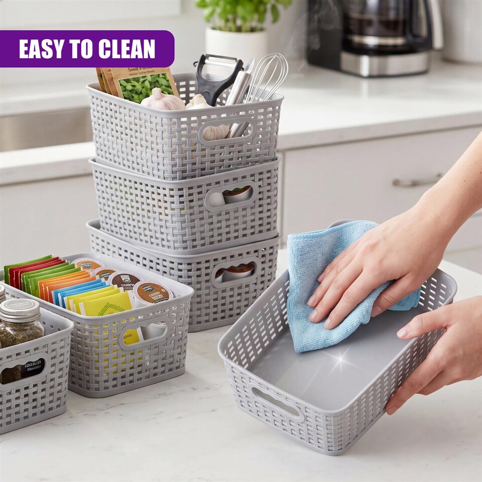 image 1 of GEEZY Small Plastic Storage Baskets Set of 6 Grey Woven Style Stackable Organizers