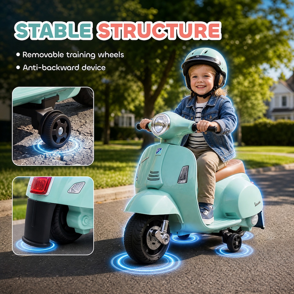 image 1 of HOMCOM Vespa Licensed Kids Ride On Motorcycle, 6V Battery Powered, Green