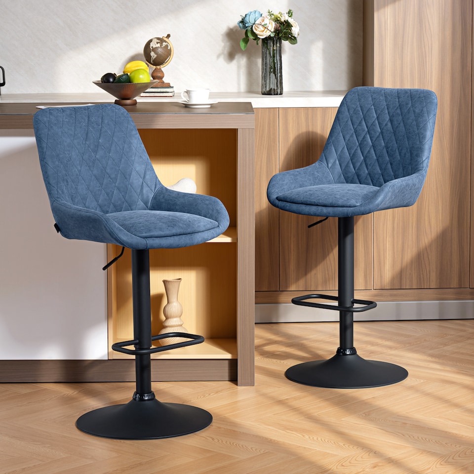 image 1 of HOMCOM Breakfast Bar Stools Set of 2 with 51x40cm Wide Seat, Height Adjustable Kitchen Counter Chairs, Retro Swivel Upholstered Barstools with Back, Footrest and Steel Base, Dark Blue | Blue | Blue