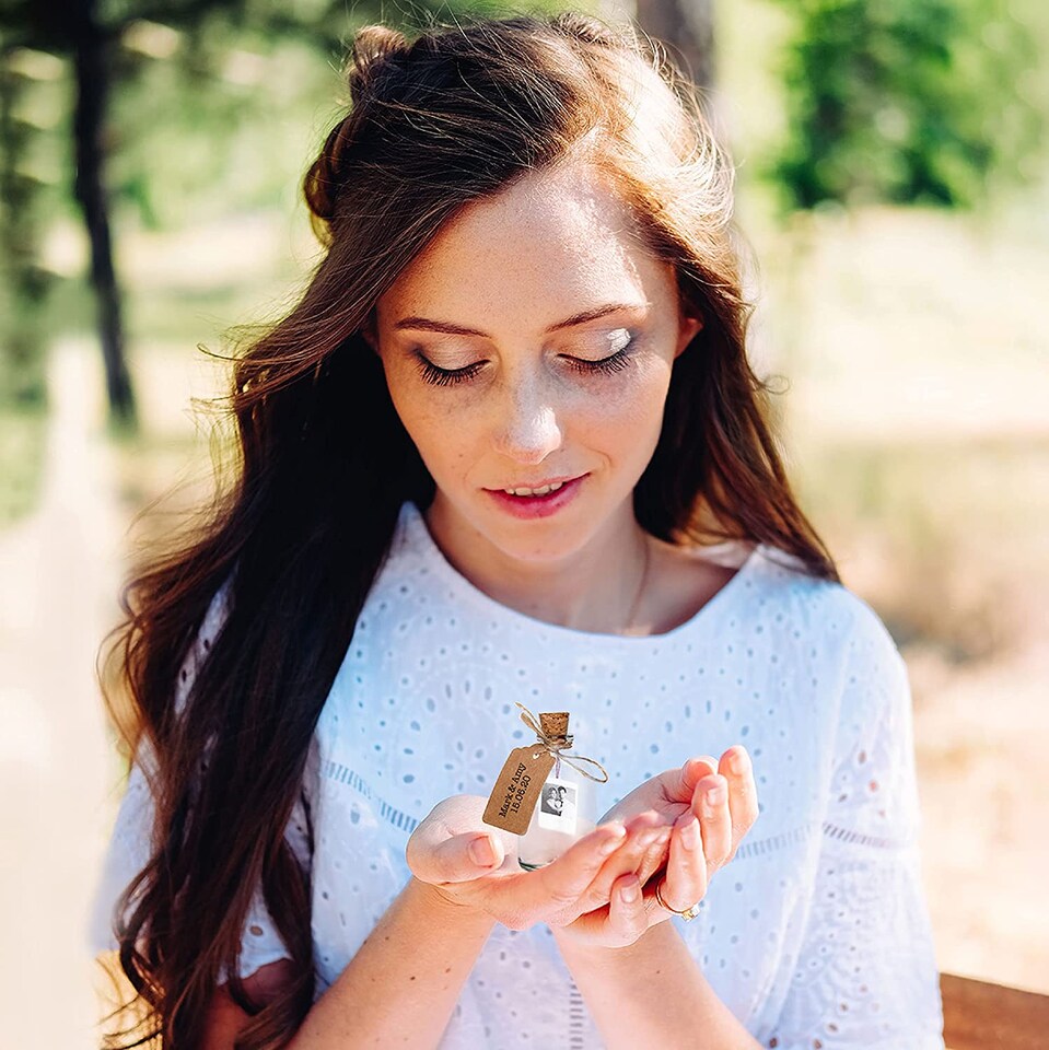 image 1 of 50ml Clear Mini Glass Bottles with Corks and Craft Labels