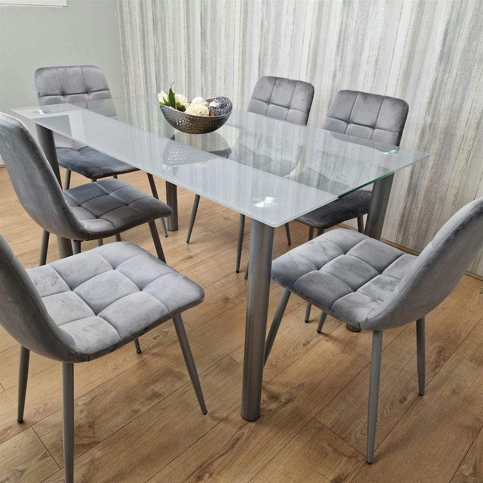 image 1 of Dining Table and 6 Chairs Black Marble Effect Glass 6 Leather Black Chairs Dining Room Furniture | Black | One Size | 8
