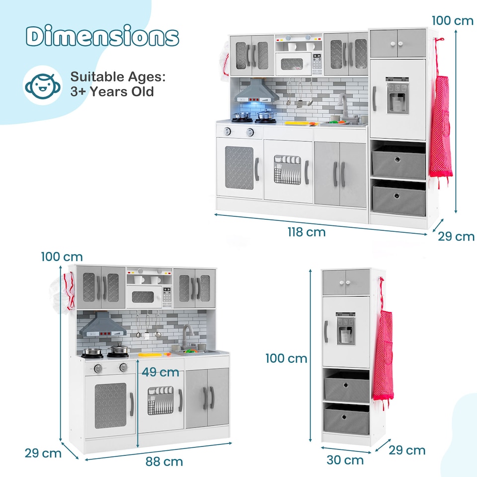 image 1 of COSTWAY Kids Kitchen Playset 2-Piece Modular Wooden Play Kitchen-Gray