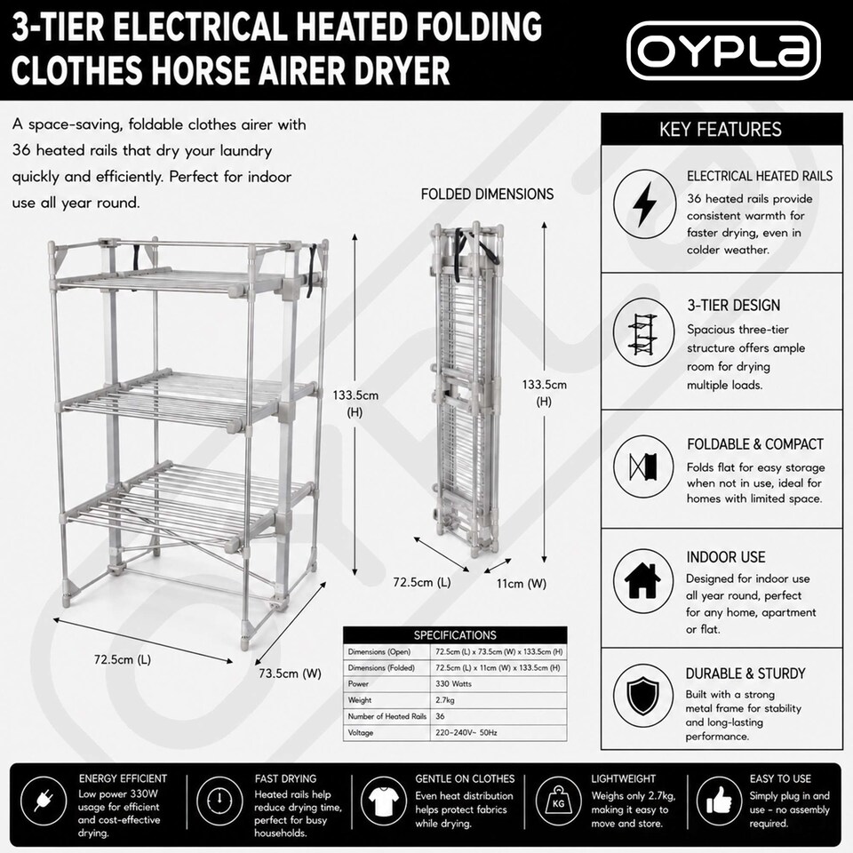 image 1 of 3 Tier Electrical Heated Folding Clothes Horse Airer Dryer with 36 Heated Rails