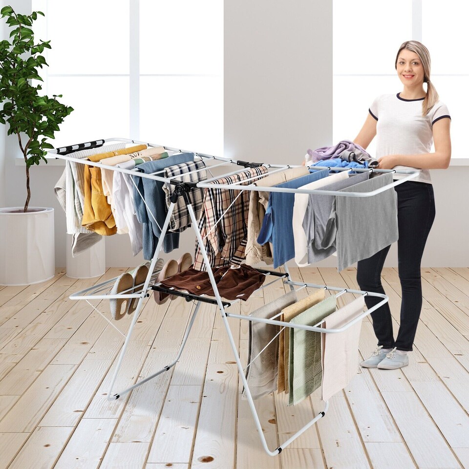 image 1 of COSTWAY Foldable 2 Level Clothes Drying Rack Garment Drying Hanger Height Adjustable