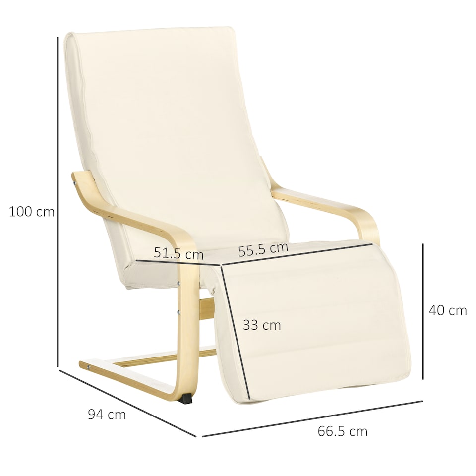 image 1 of HOMCOM Wooden Armchair, Upholstered Linen Lounge Chair with Adjustable Footrest & Removable Cushion, Poang Chair for Living Room, Cream White
