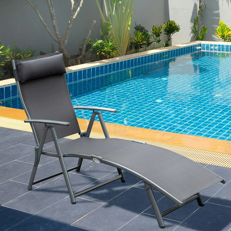 image 1 of Outsunny Sun Lounger Recliner w/ Pillow Foldable 7 Levels Textilene Grey