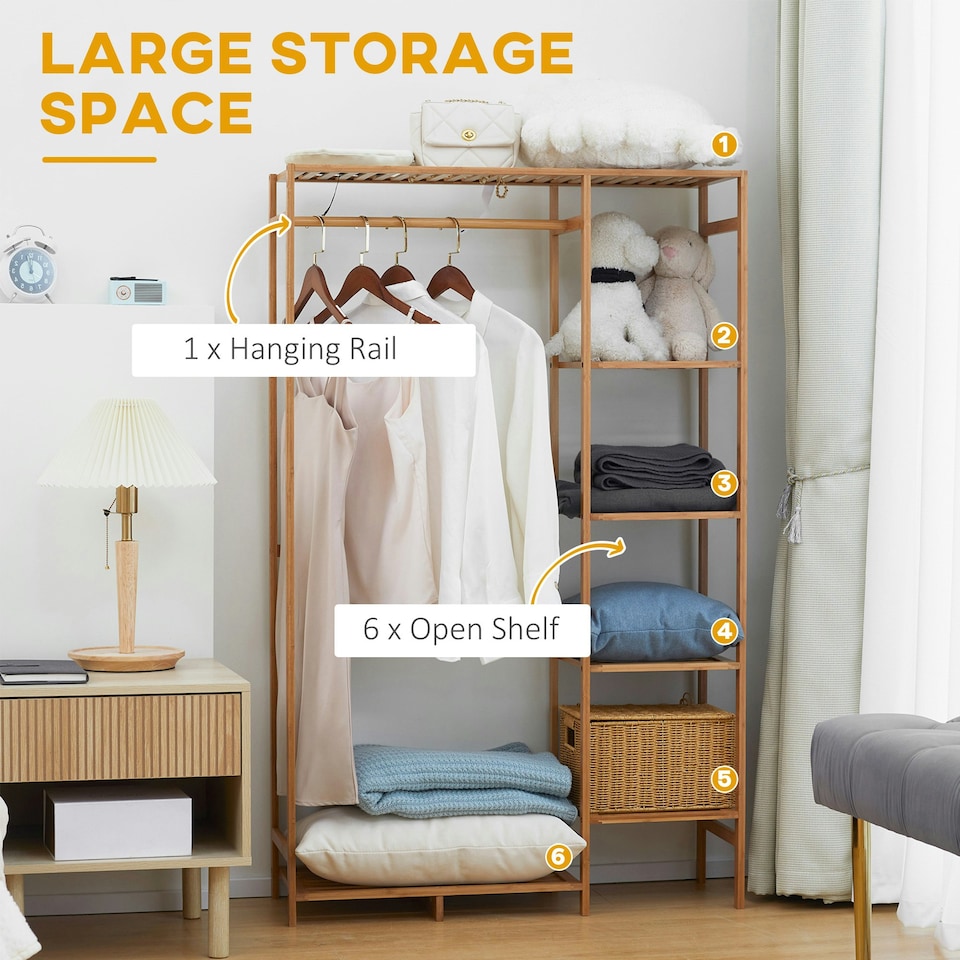 image 1 of HOMCOM Bamboo Clothes Rail Garment Rack with 6 Tier Storage Shelf