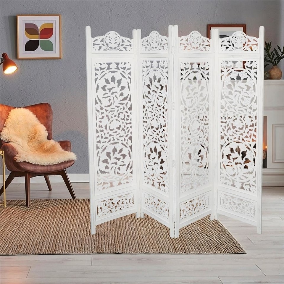 image 1 of 4 Panel Heavy Duty Carved  Screen Wooden Lotus Design Room Divider White 200 x 180 cm | White | White | 200 x 180 cm