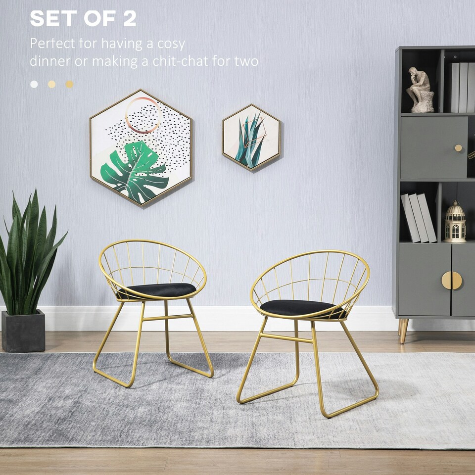 image 1 of HOMCOM Metal Wire Dining Chairs Set of 2, Steel Frame for Kitchen Gold