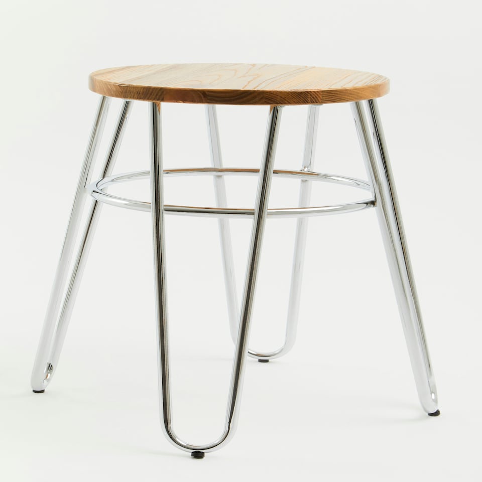 image 1 of Interiors by Premier Chrome Metal and Elm Wood Round Stool, Small Hairpin Stool, Sturdy Stool for Lounge, Bedroom