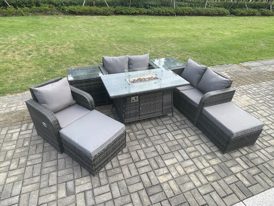 image 1 of Fimous Outdoor Sofa Rattan Garden Furniture Set Patio Gas Fire Pit Dining Table and Reclining Chair set with 2 Side Tables 2 Big Footstool Dark Grey Mixed