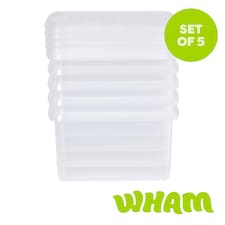 Wham Clip 5x 9L Square Plastic Storage Boxes with Clip Lock Lids. Ideal for Home, Office, Toys & More - Clear/Clear | Clear | 5