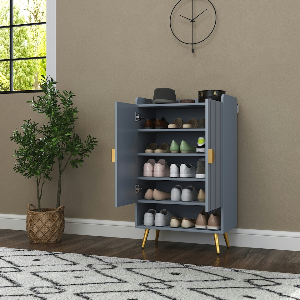 image 1 of HOMCOM Shoe Cabinet with Beadboard Doors for 15 Pairs of Shoes, Light Grey Blue