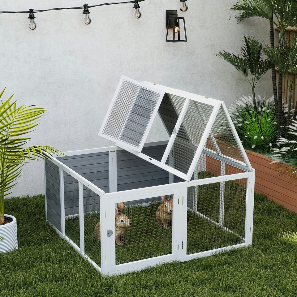 image 1 of PawHut Rabbit Hutch, Bunny Cage Outdoor with Openable Roof, Grey