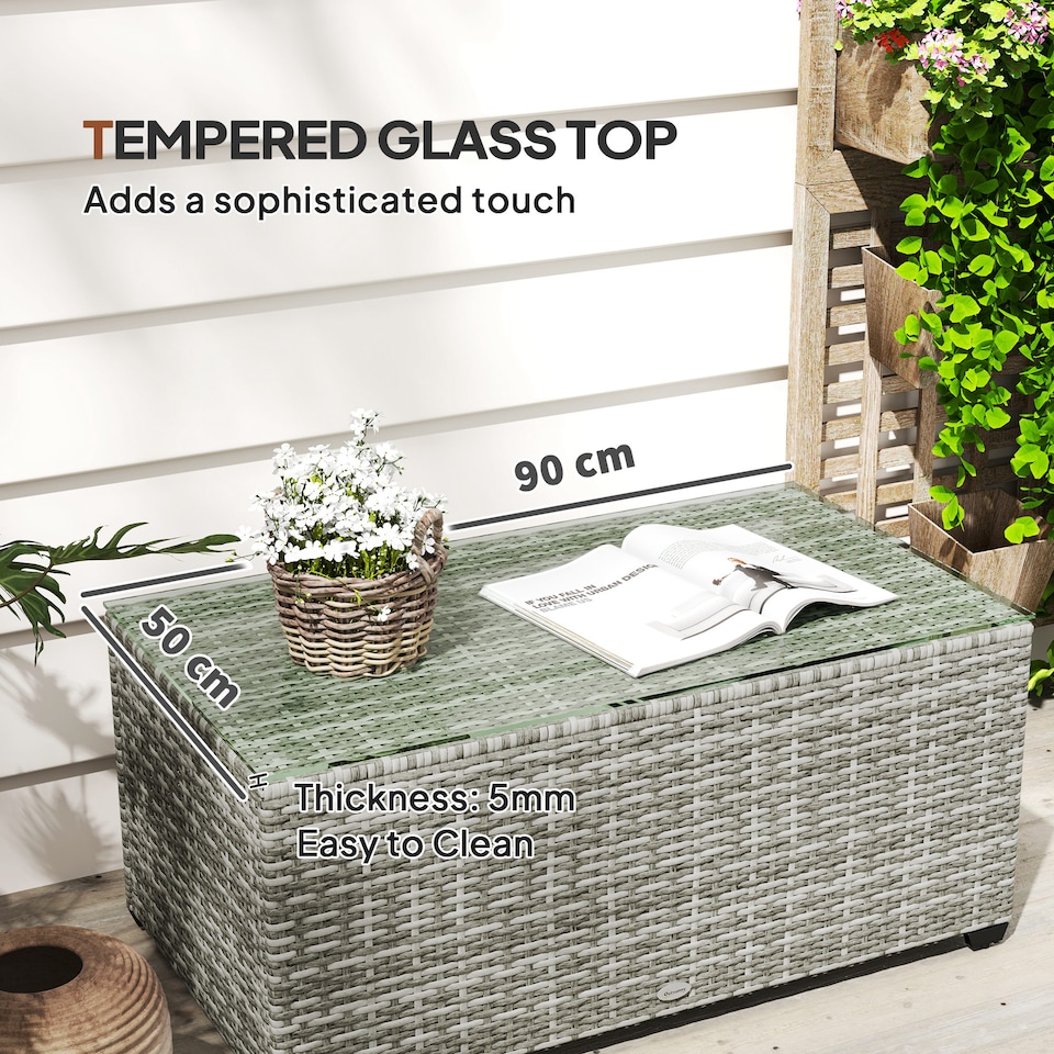 image 1 of Outsunny Outdoor Coffee Table, Glass Top Rattan Side Table, Light Grey
