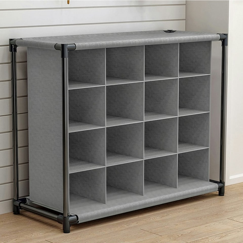 image 1 of Living and Home 4 Tiers 16-Pair Non-woven Grid Shoes Rack - Grey