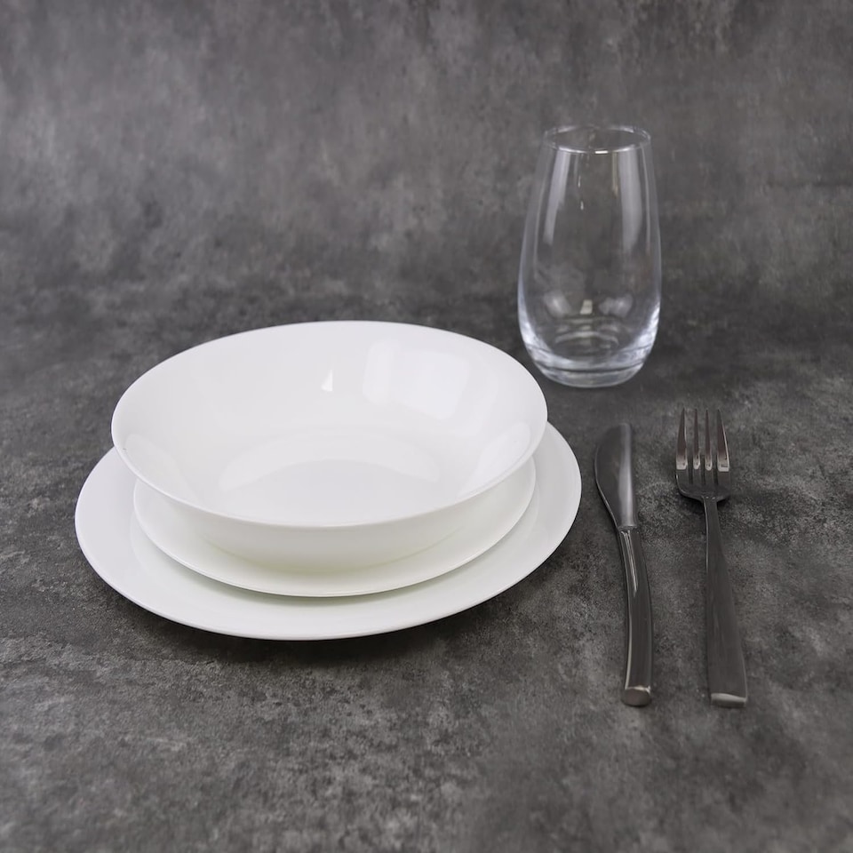 image 1 of White Opal Glass Dinner Set Plates Soup Bowls Dinnerware | White | Aria - Round - 12 Pcs | 12