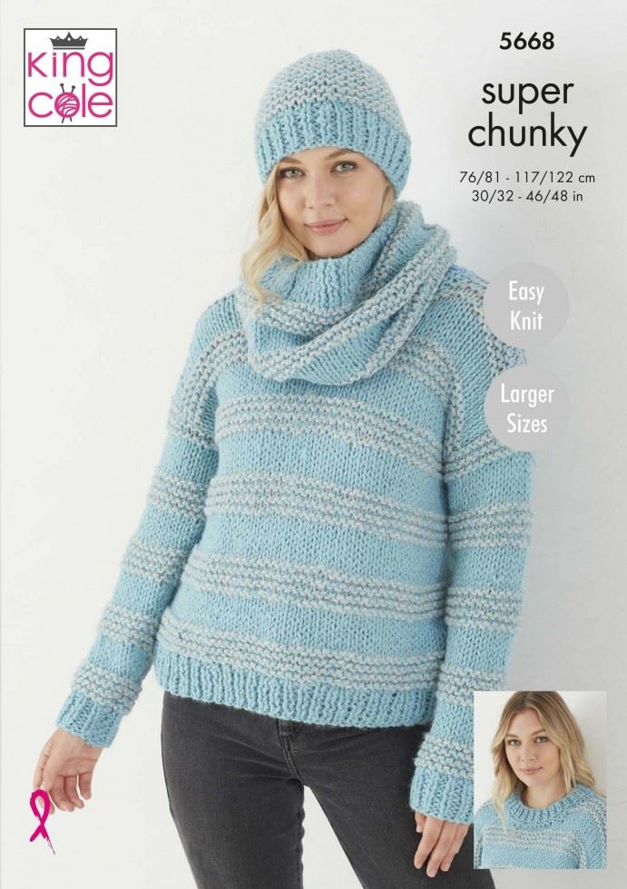 King Cole Super Chunky Knitting Pattern 5668, Sweaters, Headwear and Scarves for Women - 30 - 48 Inches - Easy