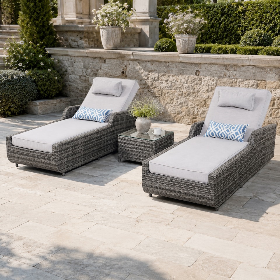 image 1 of Direct Wicker Adjustable Sun Lounge with Side Table – 5‑Position Recliner and Glass‑Top Side Table