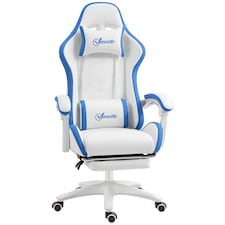 Vinsetto Computer Gaming Chair, PU Leather Office Desk Chair with Footrest, Swivel Wheels, 135 Reclining Back, Lumbar Support, Headrest for Home, White and Blue