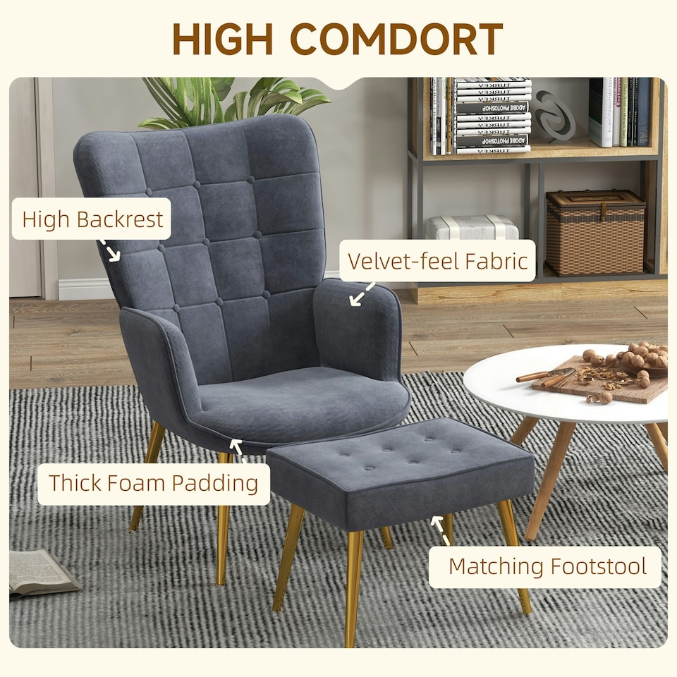 image 1 of HOMCOM Button Tufted Armchair with Footstool and Gold Tone Steel Legs Dark Grey