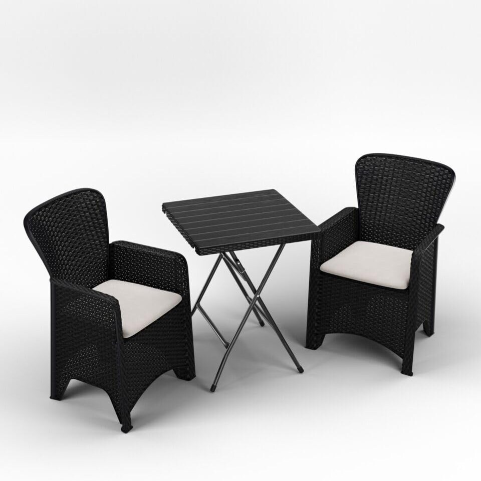 image 1 of 60cm Modern Black Rattan Wood Look Folding Table & 2 Chairs Compact Garden Patio Furniture Set