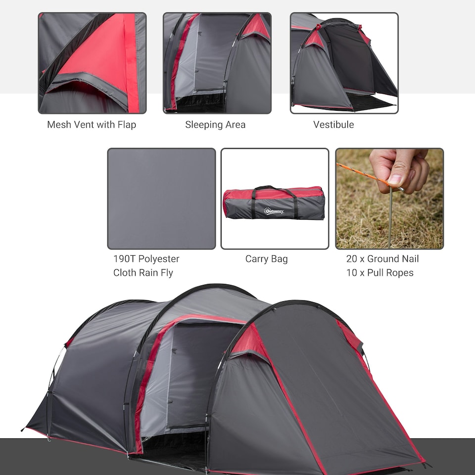 image 1 of Outsunny 3 Man Camping Tent w/ 2 Rooms Porch Vents Rainfly Weather-Resistant