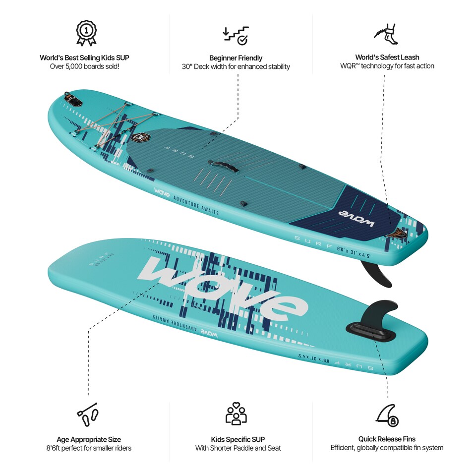 image 1 of Wave Surf Kids 3.0 2-in-1 Inflatable Paddle Board & Kayak (SUP), 8'6", Ice Blue