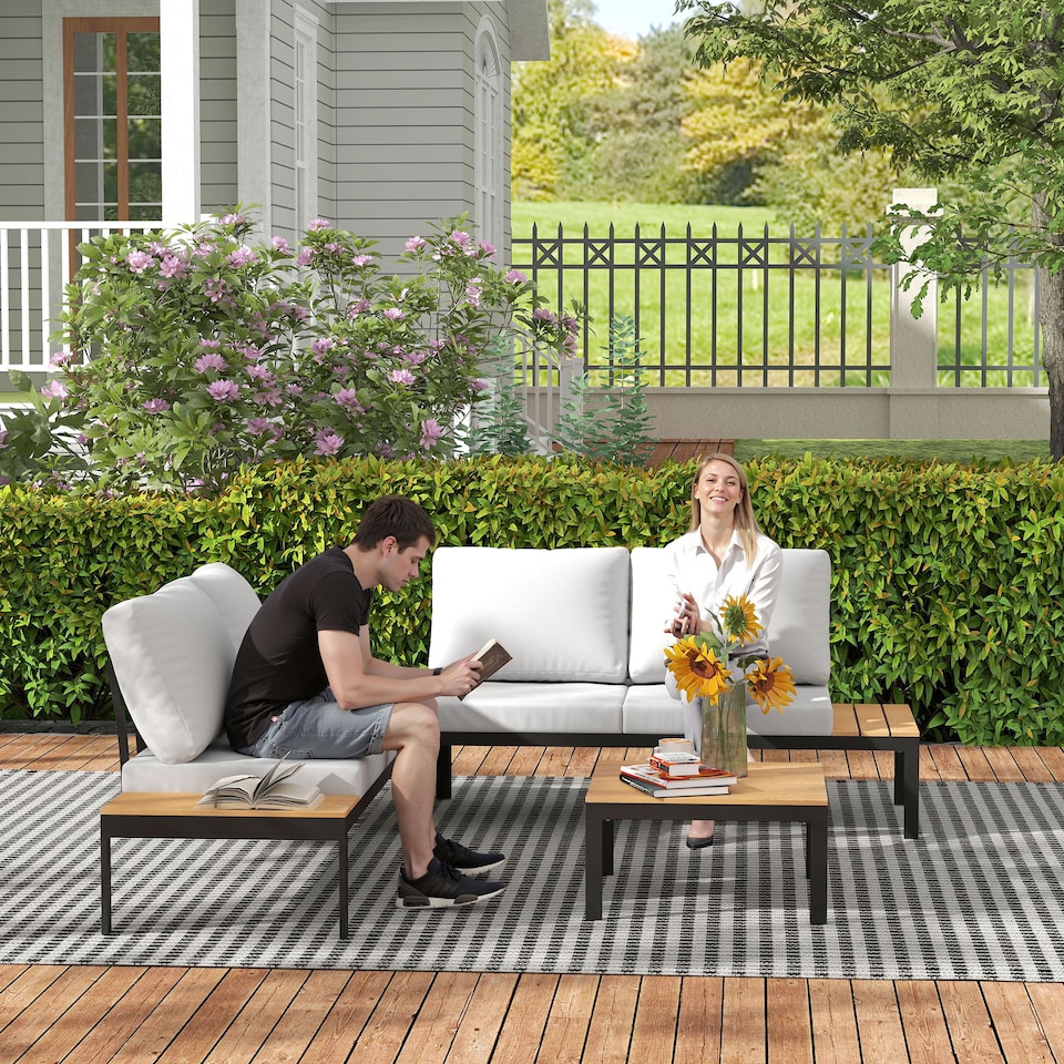 image 1 of Outsunny 4 Seater Garden Corner Sofa Set with Removable Thick Cushions Grey