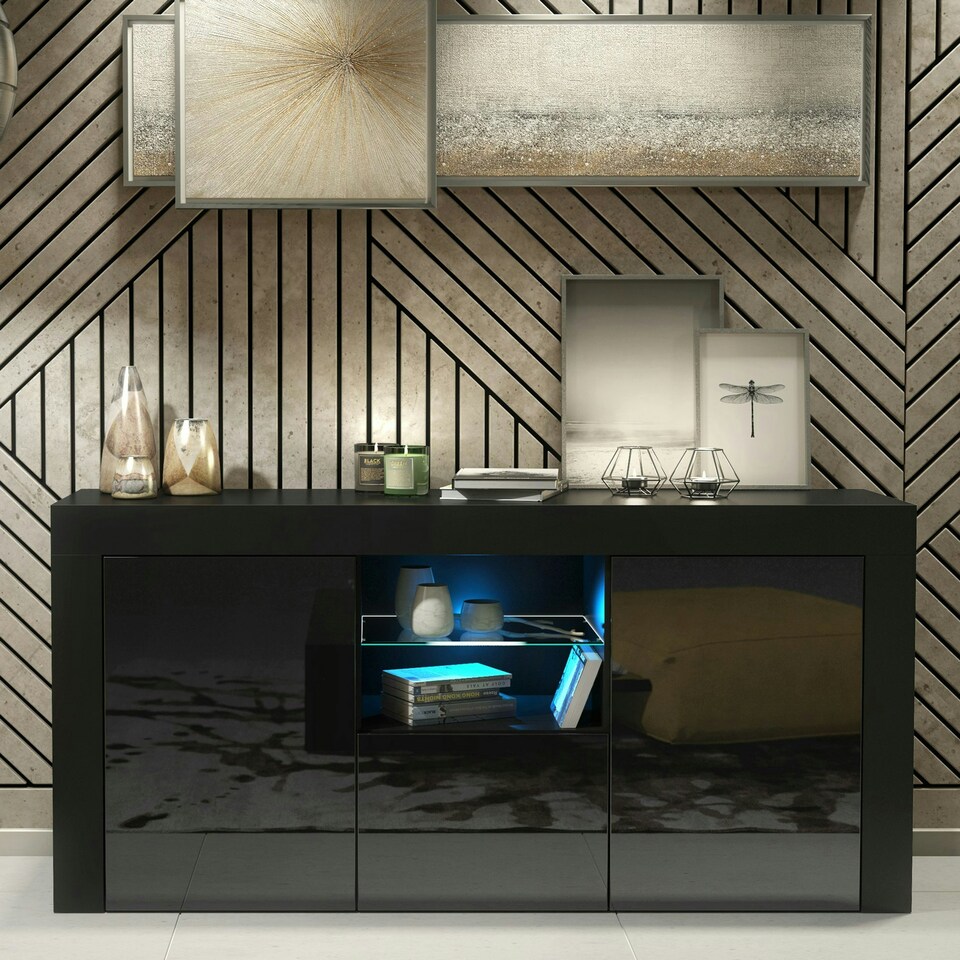 image 1 of Black TV Unit 145cm Gloss Doors Free LED Modern Media Cabinet Black