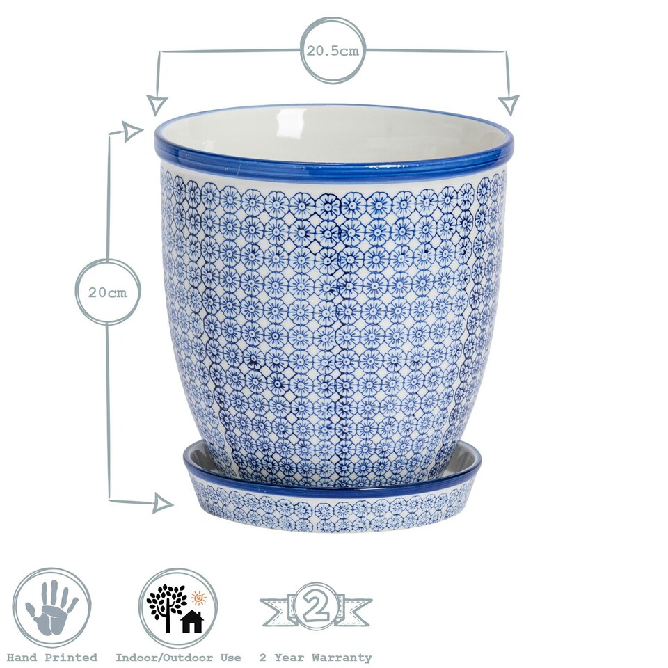image 1 of Nicola Spring Hand Printed Plant Pot with Saucer - 22cm - Navy Blue