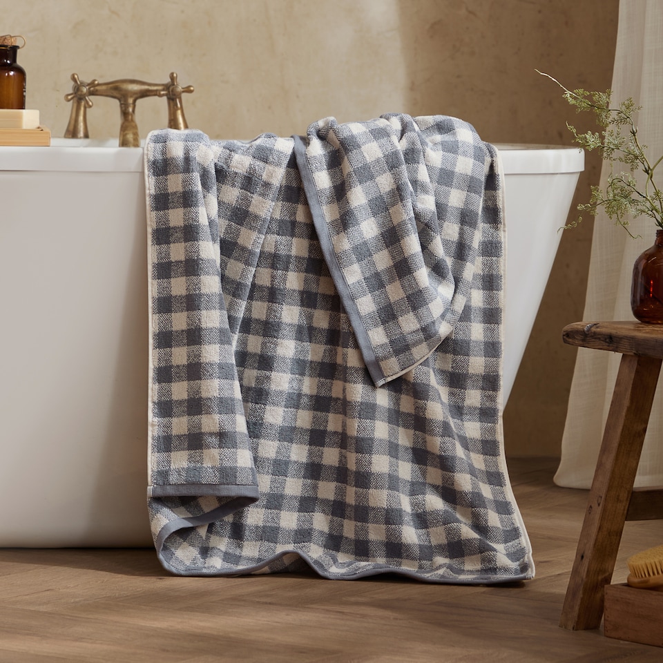 image 1 of Yard Barton Gingham 100% Cotton Check XL Bath Sheet, Denim Blue