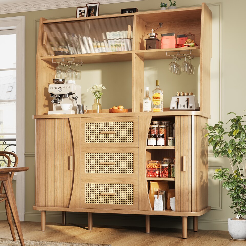 image 1 of VILUXE Tall Kitchen Storage Cabinet with Rattan-Effect Drawers and Glass Sliding Doors, 140 cm, Natural Wood