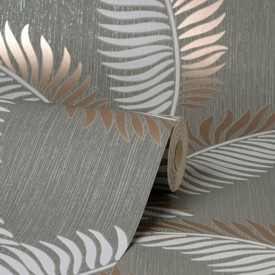image 1 of Fine Decor Cascade Leaf Wallpaper - Grey/Rose Gold - 10m x 53cm | Grey