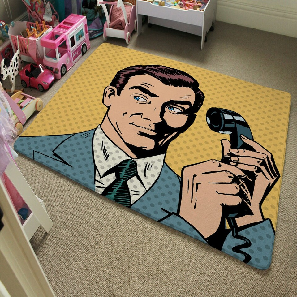 image 1 of Male businessman talking on the phone style pop art retro (Rug) Yellow | XL
